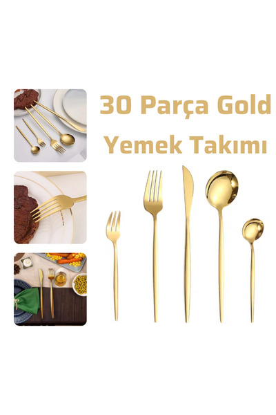 sengenegel 30 Adet Paslanmaz Gold Renk Titanyum Kaplama Yemek Kaşık, Çatal, B...