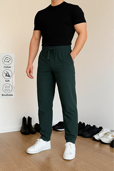 COMBİNE MİCHAİL Men's Elastic Waist Casual Khaki Linen Trousers