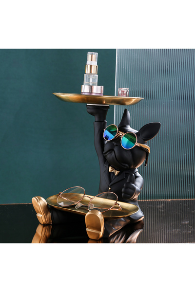 Art Decor French Bulldog Sculpture Decor Dog Statue with Tray and Wood Keys Holder Storage Gift Home Ornament