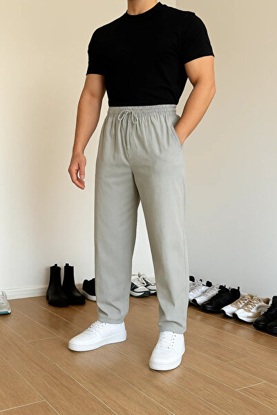 COMBİNE MİCHAİL Ανδρικό παντελόνι από λινό ελαστικό γκρι χαλαρό στη μέση