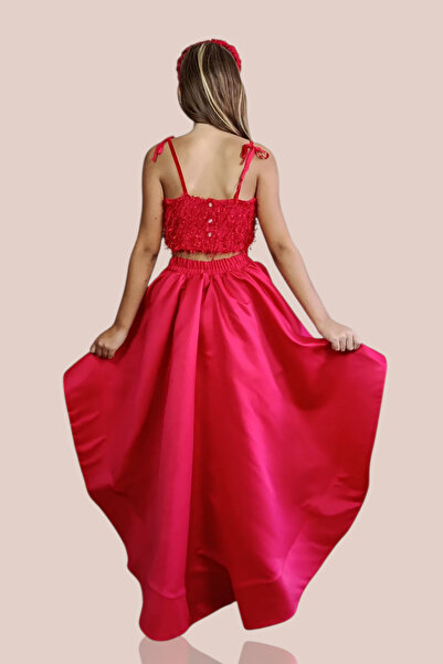 GİST KIZ ÇOCUK KIRMIZI KUYRUKLU SATEN ETEK SAÇAKLI CROP ABİYE TAKIM