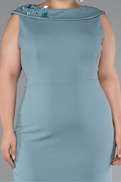 Abiyefon Mint Kolsuz Midi Büyük Beden Davet Elbisesi ABK2422