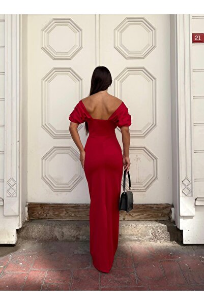 Modafeminen Flexible Scuba Fabric Strapless Sleeve Pleated Detail Evening Dress Red 583323