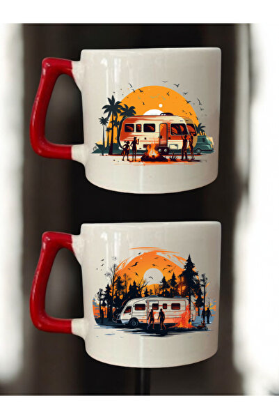 lili hediyelik طقم من كوبين للقهوة مطبوع عليه 'تخييم والإجازة' - أكواب سيرامي...