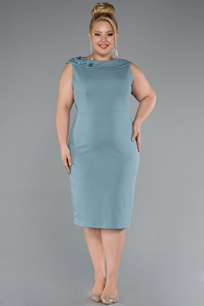 Abiyefon Mint Kolsuz Midi Büyük Beden Davet Elbisesi ABK2422