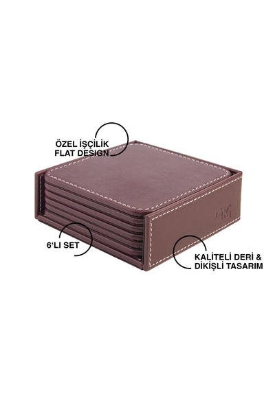 2K Coasters, Set of 6, Desktop Square Cup Coaster, Vegan Faux Leather, 11X11 Cm., Burgundy