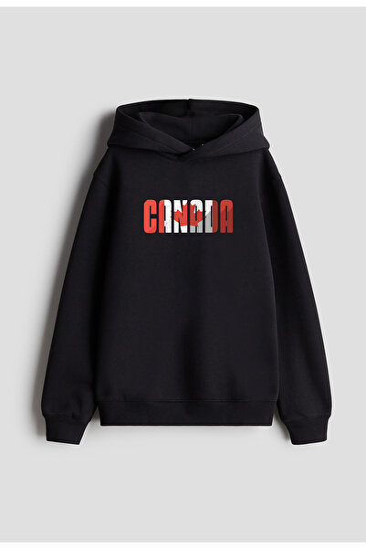 MODA سويت شيرت بقلنسوة أسود مطبوع عليه علم كندا للنساء والرجال والأطفال