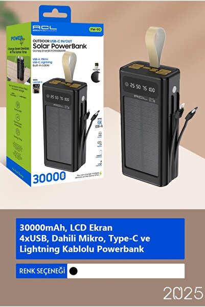 ACL PW-90 LCD Ekran Dahili Mikro, Type-C, Lightning 4XUSB 30.000mAh Kablolu Powerbank