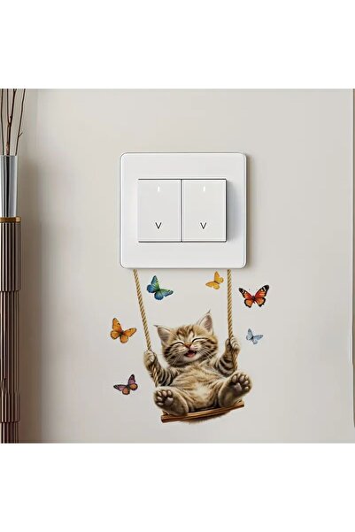 aiki Salıncakta Sallanan Sevimli Kedi ve Kelebekler, Çocuk Odası, sticker