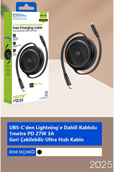 ACL ACK-119 - 1 metre Uzunluğunda PD 27W 3A Geri Çekilebilir Ultra Hızlı Şarj Kablosu