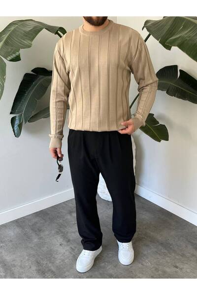 Gambocci Men's Crew Neck Half Oversize Wide Self-Striped Knitwear Sweater