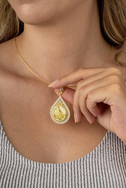 Gümüş Pazarım Damla Kesim Osmanlı Tuğralı Altın Kaplama Kadın Gümüş Kolye