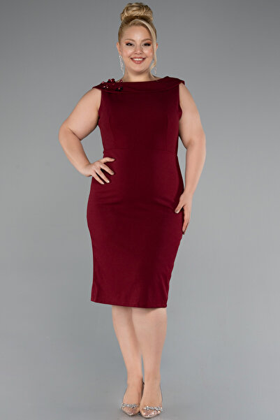 Abiyefon Bordo Kolsuz Midi Büyük Beden Davet Elbisesi ABK2422