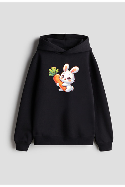 MODA Hanorac cu glugă Cute Rabbit cu imprimeu pentru fete și băieți, negru cu...