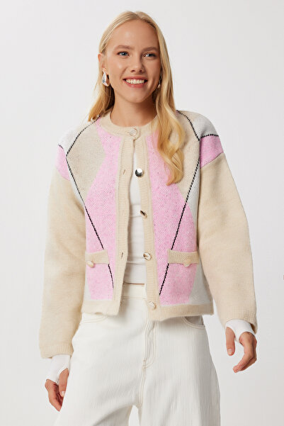 Lovelyİstanbul Baklava Patterned Buttoned Knitwear Cardigan Lmt0040 Beige Pink