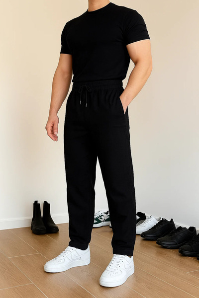COMBİNE MİCHAİL Men's Elastic Waist Casual Black Linen Trousers