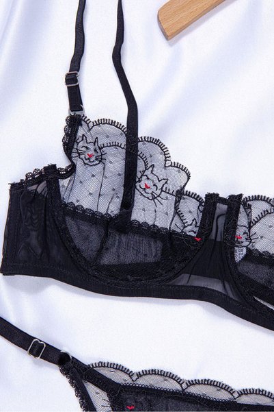 Crystal Life Set sutien din dantelă neagră cu imprimeu pisici – Dantelă transparentă, bretele reglabile, chiloți tanga