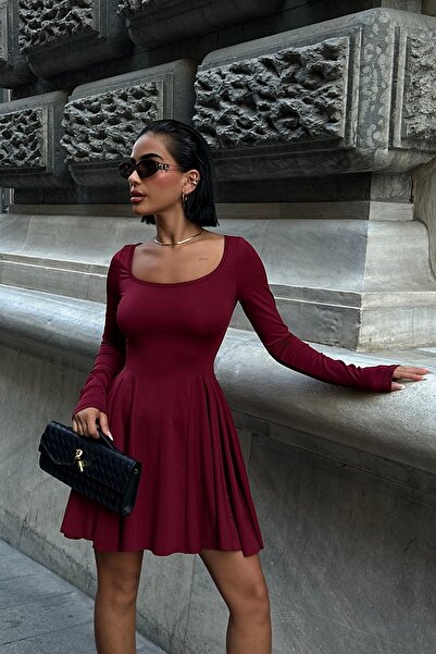 JE-TU Kare Yaka Uzun Kollu Mini Elbise JT9044