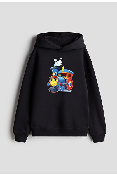 MODA هوديي بقلنسوة أسود اللون مطبوع عليه قطار للفتيات والأولاد