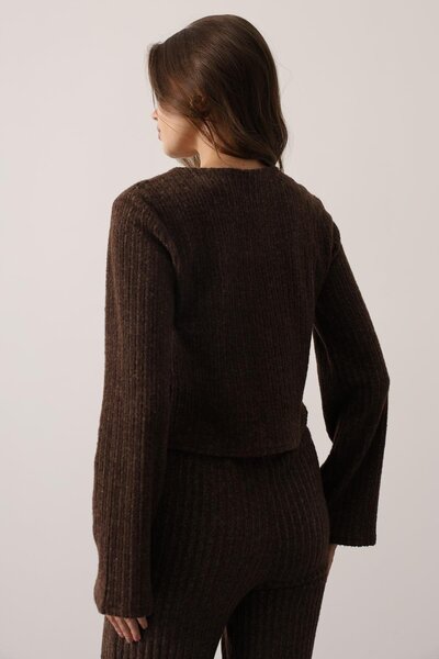 Le Savu Shilsee Women's Knitted Soft Texture Front Bow Blouse Pants Set Brown