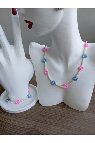 Duayen Design Çocuk Pembe Mavi Boncuklu Papatya Figürlü Kolye Bileklik Seti