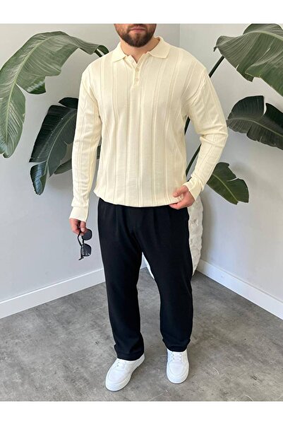 Gambocci Men's Polo Neck Half Oversize Wide Self-Buttoned Long Sleeve Knit Sweater