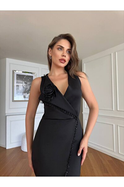 369 etnik butik Rose Detailed Double Breasted Collar Sleeveless Midi Dress