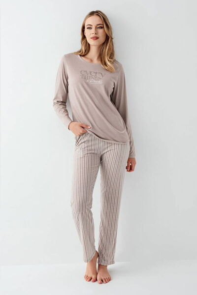 Arnetta Σετ γυναικεία πιτζάμα, 100% βαμβάκι, εμπριμέ & ριγέ, λαιμόκοψη, μακρυμάνικο, με τσέπες, καφέ