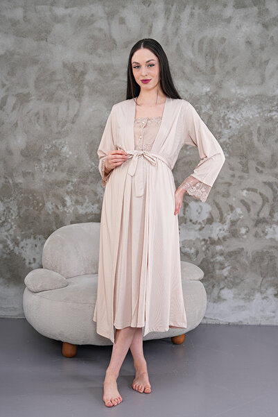 Lohusa Homewear Women's Milk Coffee Special Design Lace Cotton Maternity Nigh...