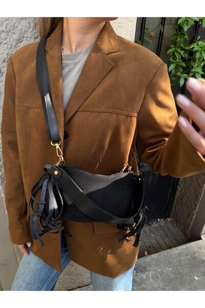 Tina İstanbul Püsküllü Süet Çift Askılı Kadın El ve Omuz Çantası Siyah