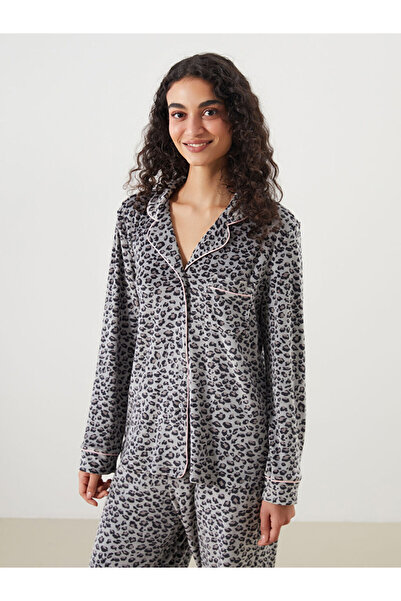 LC Waikiki Gri Leopar Desenli Kadife Kadın Pijama Takım