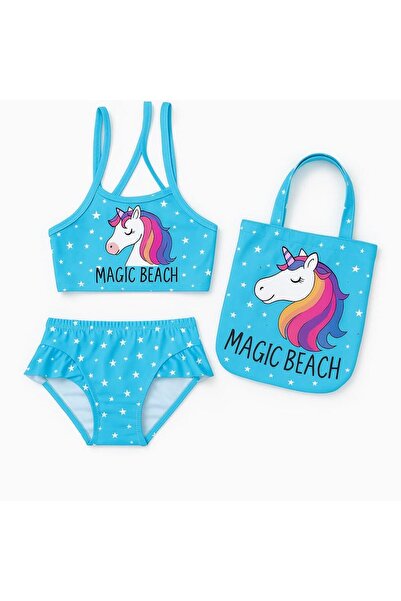 RAPAPA Girl's Unicorn Patterned 3-Piece Swimsuit and Beach Bag Set – Blue-5557