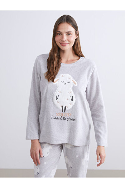 LC Waikiki Gray Crew Neck Embroidered Fleece Women's Pajama Set