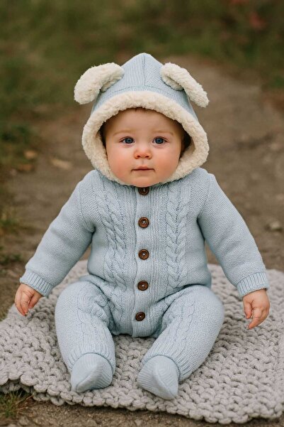 Renata's Unisex Girl Boy Baby Bunny Ear Hooded Knitwear Knitted Inside Welsoft Winter Romper