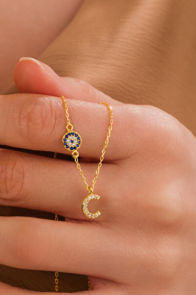 ZAHAP GOLD Nazar Detaylı 925 Gümüş Kişiye Özel Harf Kolye - C Harfli Kolye