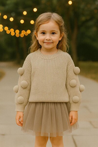 meriç bebe - bütün çocuklar melektir. mrc Girl's Oversized Knit Sweater – Seamless, with Pom-Pom Detail, 2-7 Years Old, Domestic Production