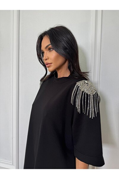 Unbranded/Generic MICHAELA dress-style T-shirt with structured shoulders and rhinestone fringe on the shoulders