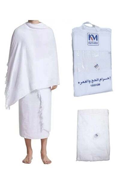 KM Men's Ihram – 2-Piece Set (Izar & Rida), 1000g, 100% Cotton, One Size, Ideal for Hajj & Umrah