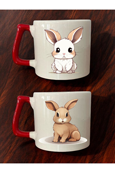 lili hediyelik أكواب قهوة سيراميك مطبوعة برسومات أرنب حلوة - طقم من كوبين - أ...