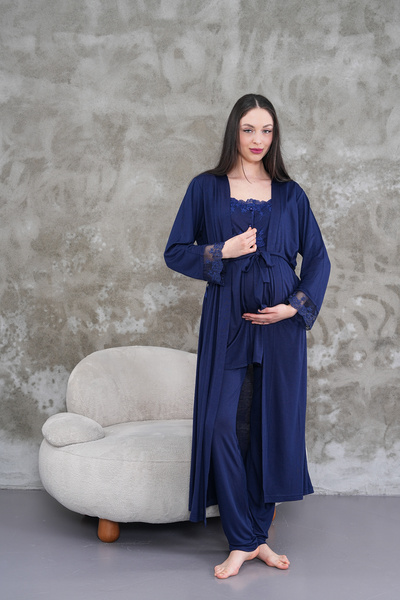 Lohusa Homewear Women's Navy Blue Special Design Lace Cotton Maternity Nightgown Nightgown Set of 2
