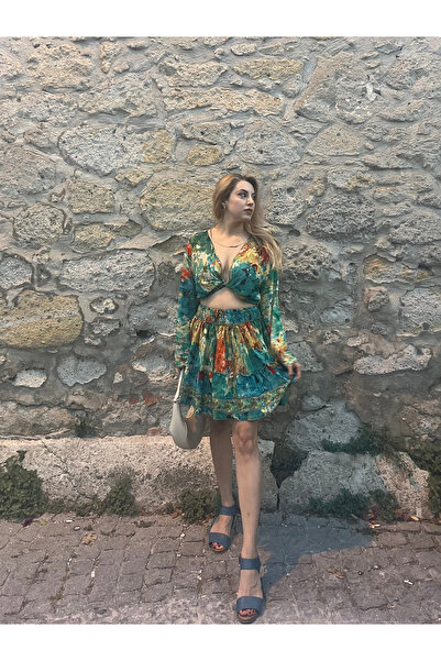 Çeşme Home Green Patterned Elastic Waist Silk Mini Skirt