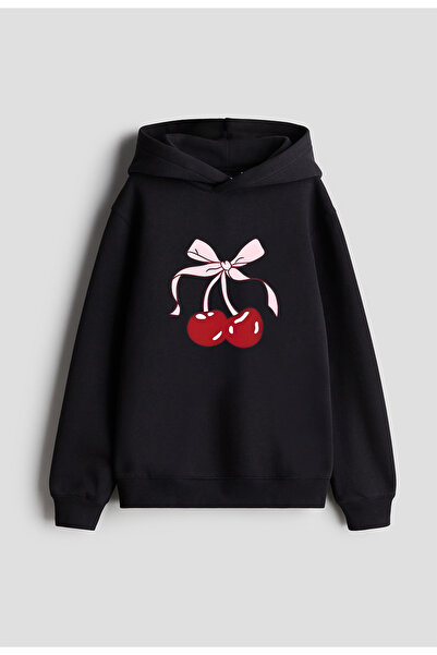 MODA Cherry Pinterest Дамска черна суитшърт с качулка и принт