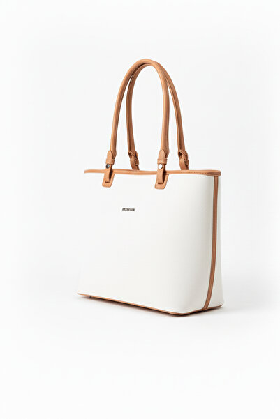 Just Polo Women's Large Size Water Resistant White Tan Lacoste Fabric 4 Compartment Hand and Shoulder Bag Pbu2170