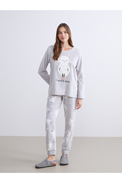 LC Waikiki Gray Crew Neck Embroidered Fleece Women's Pajama Set