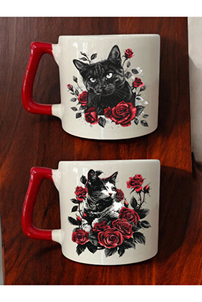 lili hediyelik طقم من كوبين للقهوة مطبوع عليه قطة بين الزهور - أكواب سيراميك ...