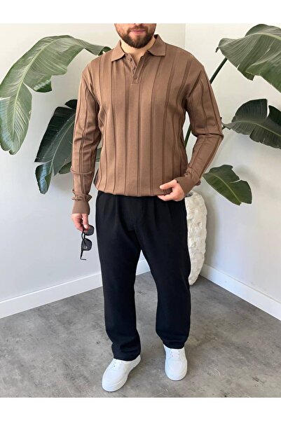 Gambocci Ανδρικό πλεκτό πουλόβερ με μακρυμάνικο γιακά πόλο oversized φαρδύ αυτοπλεκτό