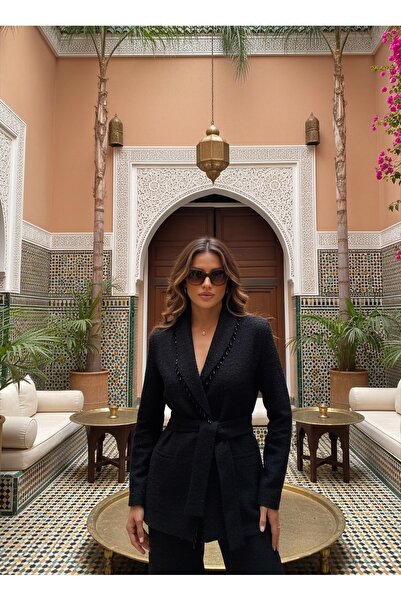 1Moda1Tarz Imported Tweed Fabric Tassel Beaded Embroidered Belted Lined Special Design Top and Bottom Set