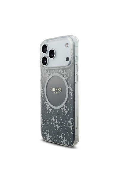 Guess iPhone 17 Pro silicone case in a transparent black gradient color with an elegant pattern. iPhone 17 Pro case supports wireless charging.
