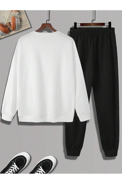 puolikuu Sweatshirt Jogger Tracksuit Set - Oversize, Mini-Knit Printed Crew Neck with a Raised Texture