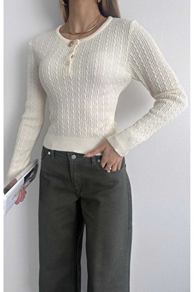 yeditepe fashion Open Neck Knitted Purry Knitwear Blouse